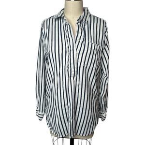 Vintage Liz Claiborne Navy White Stripe Button Pullover Shirt Women's Size M